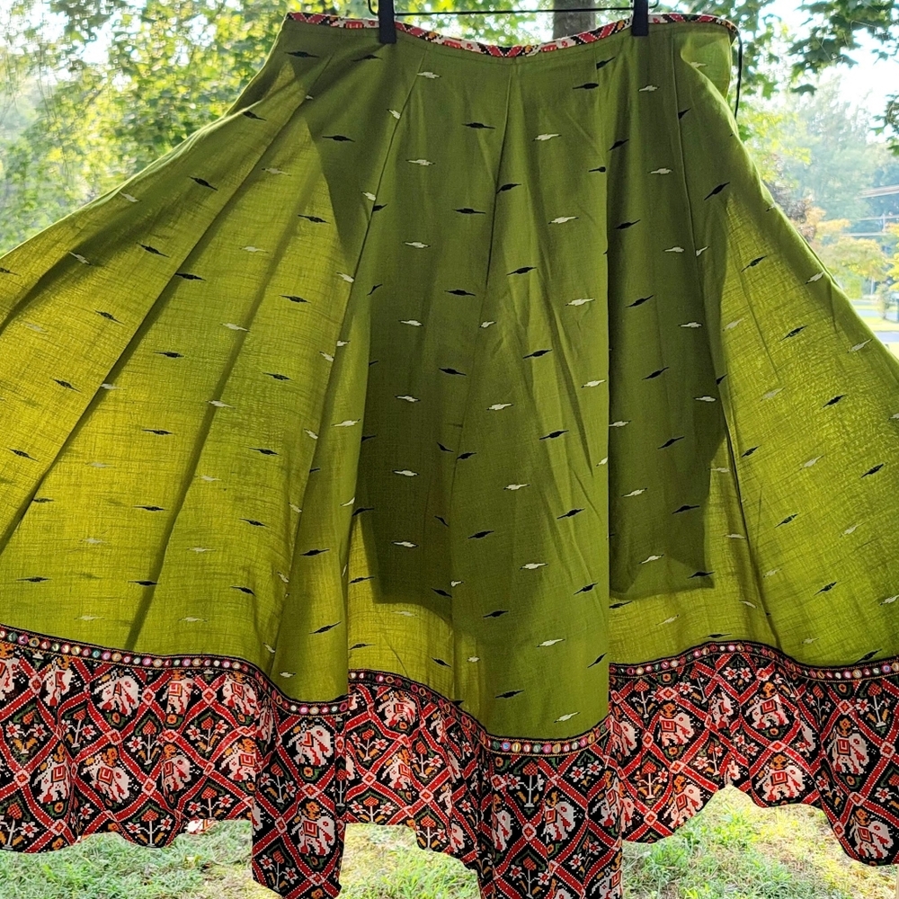 India Boutique Olive Skirt with Intricate Red and Black Border